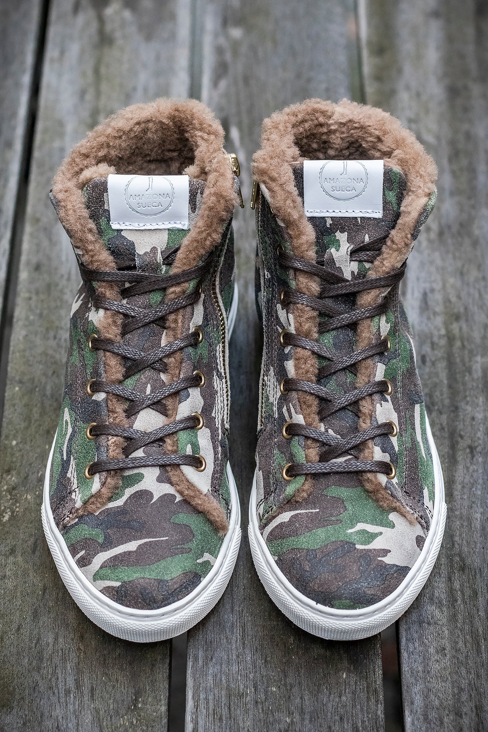 Shearling Lined High Top Sneakers - Camouflage Suede