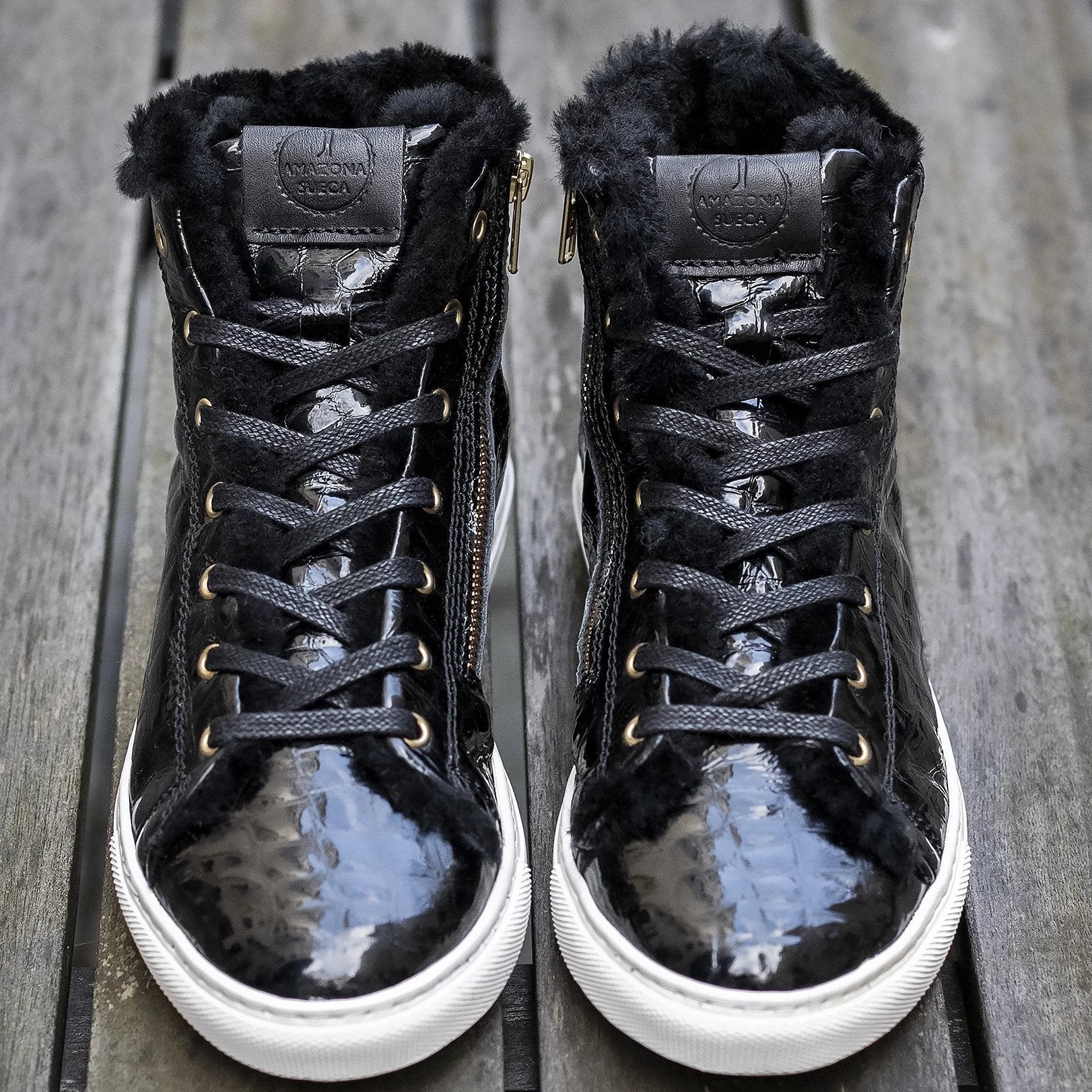 Shearling Lined High Top Sneakers – Black Croco Gloss