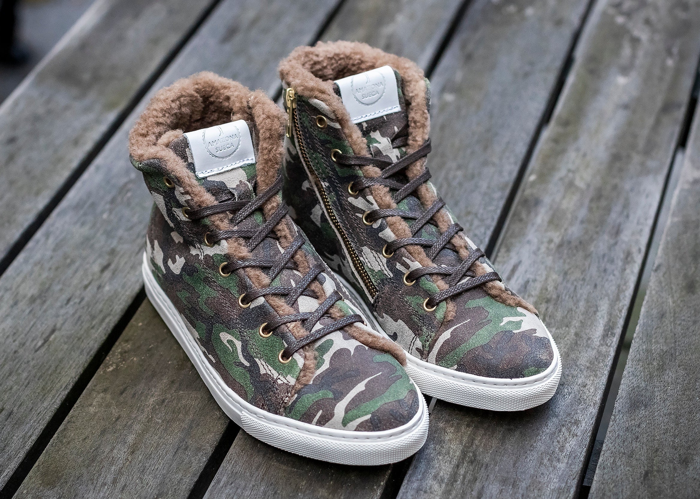 Shearling Lined High Top Sneakers - Camouflage Suede