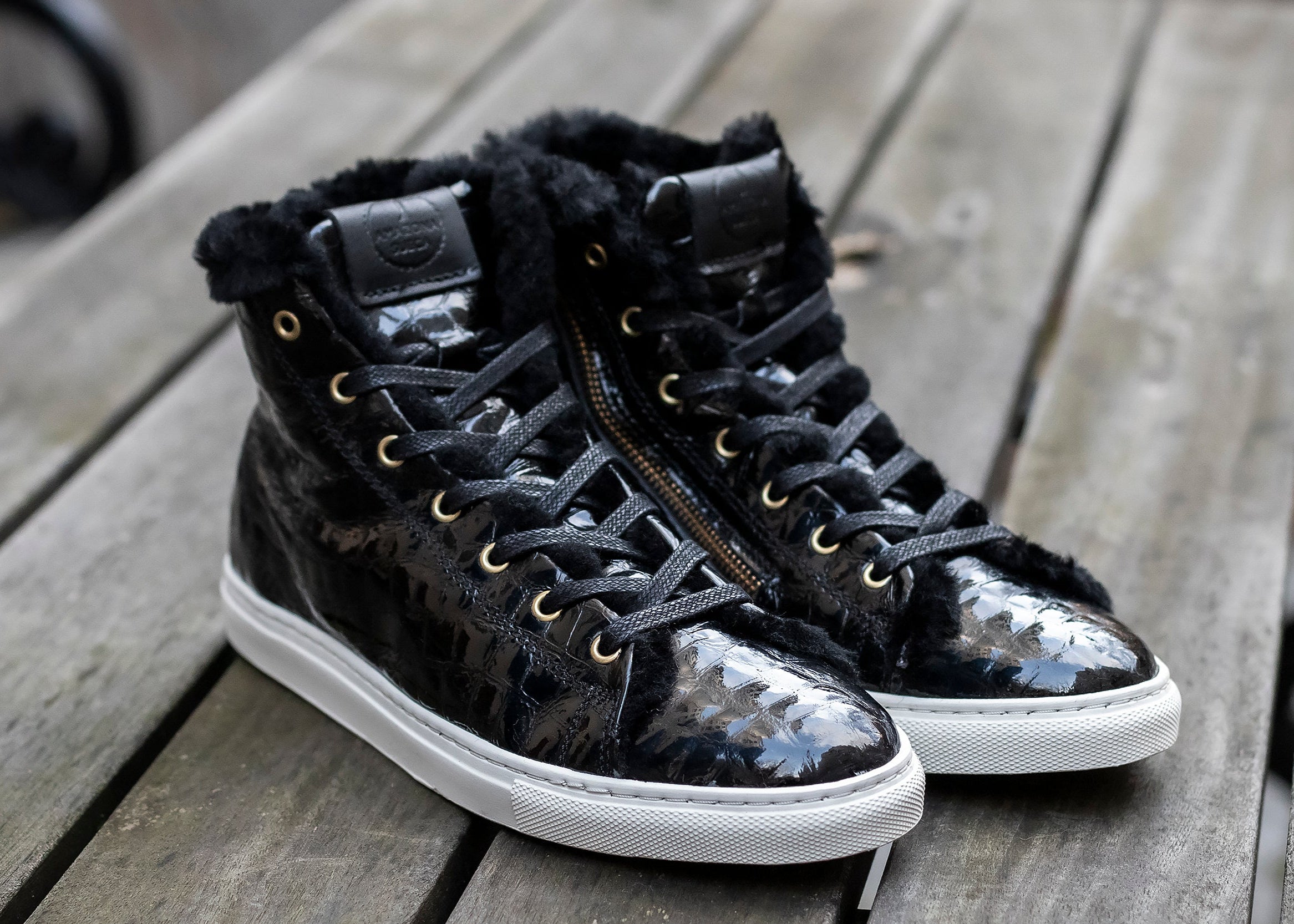 Shearling Lined High Top Sneakers – Black Croco Gloss