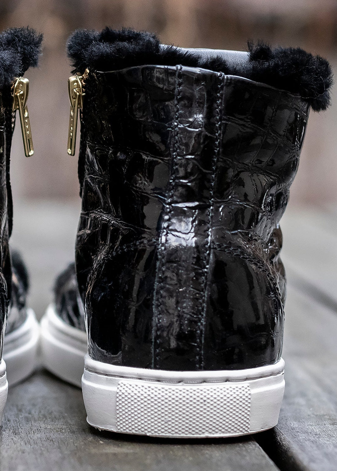 Shearling Lined High Top Sneakers – Black Croco Gloss