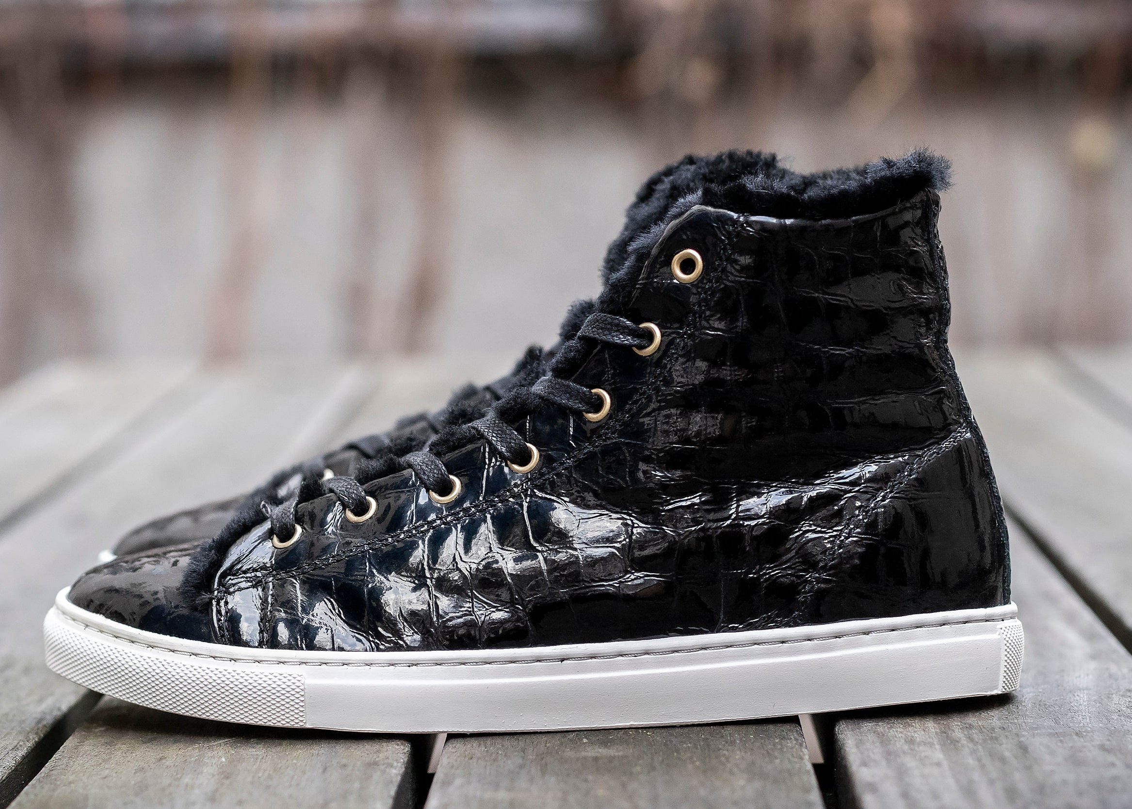 Shearling Lined High Top Sneakers – Black Croco Gloss